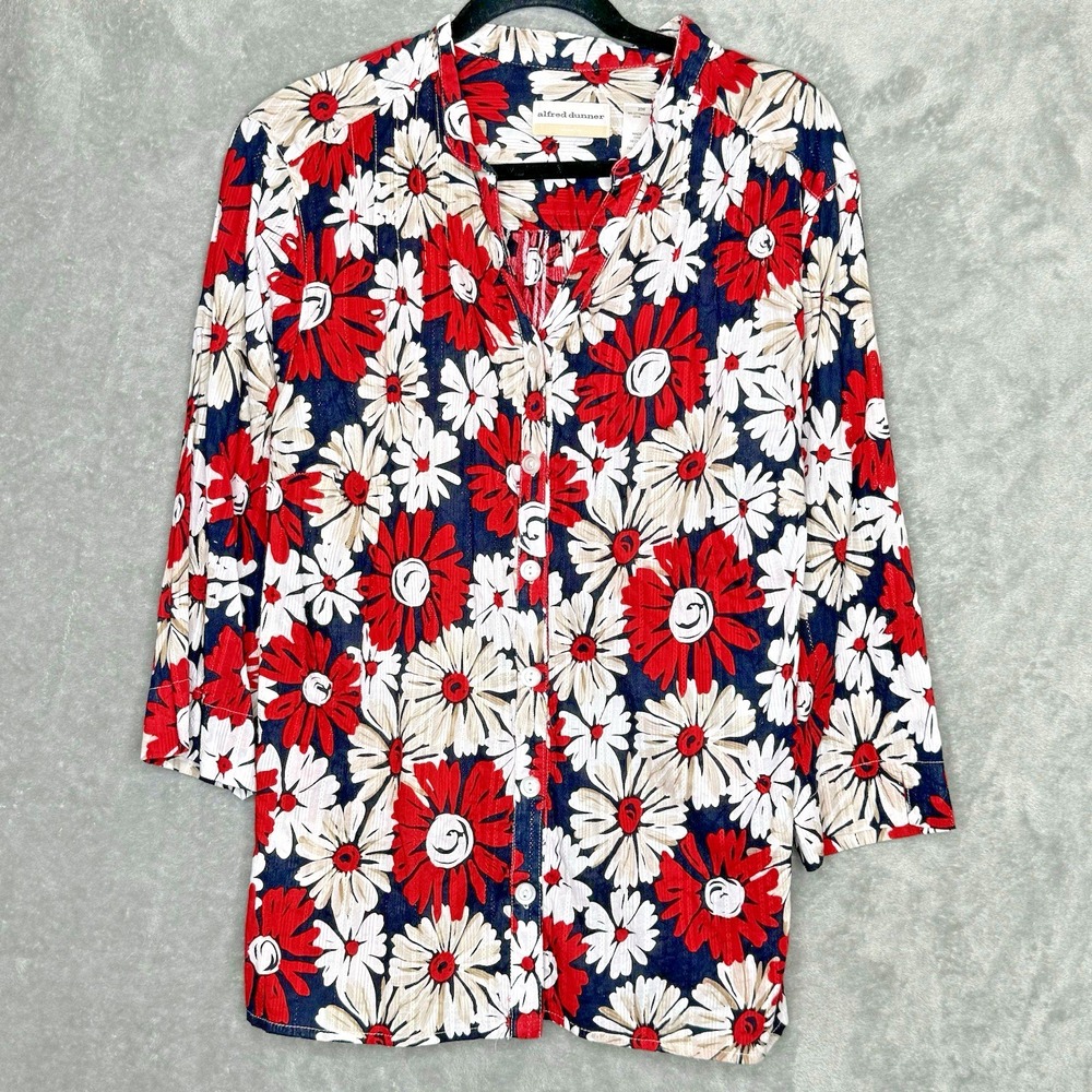 Alfred Dunner Women's Top 20W 1X Red White Floral Print Button Down 3/4 Sleeve